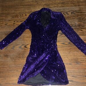 Zara Deep Purple Sequin Long-Sleeve Wrap-Style Dress
